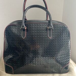 Arcadia Black Patent Embossed Dome Shoulder Bag with Red Trim